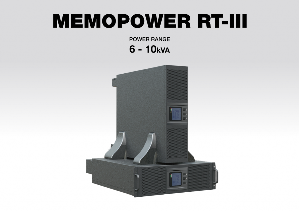 Image of two MEMOPOWER RT-III units, with the top one standing vertically and the bottom one horizontally. Text above reads "MEMOPOWER RT-III, Power Range, 6 - 10kVA.