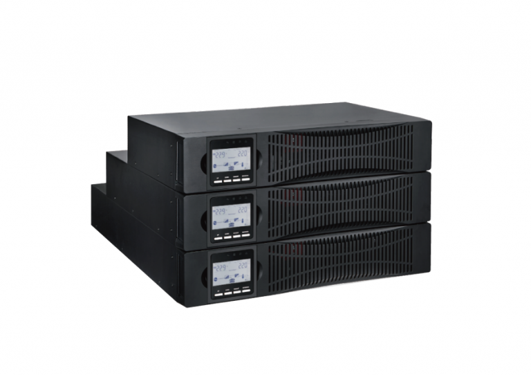 Three black uninterruptible power supply (UPS) units stacked on top of each other. Each unit has a digital display panel showing numbers and buttons beneath the screen for controls. The design features a vented front panel. KSTAR-double-conversion-UPS-MEMOPOWER-RT-III-1-3-kva-Series-