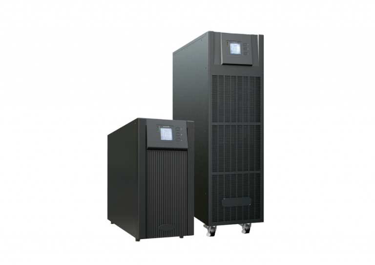 Two black tower-style uninterruptible power supply (UPS) units. The smaller unit is on the left, and the larger one is on the right with ventilation grills and display screens on their front panels. The larger unit has wheels.