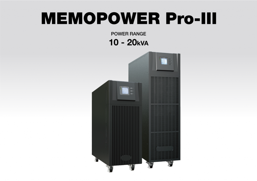 Two black MEMOPOWER Pro-III units with digital screens, set on a light gray background. The text above reads "MEMOPOWER Pro-III" and "Power Range 10 - 20kVA.