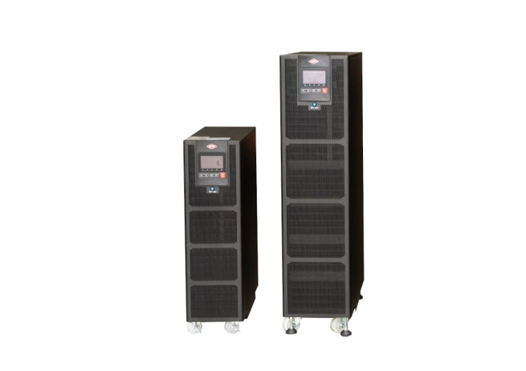 Two black tower-style electronic devices with digital screens, one taller than the other, both on wheels. The devices have vented panels and are placed side by side against a plain white background.