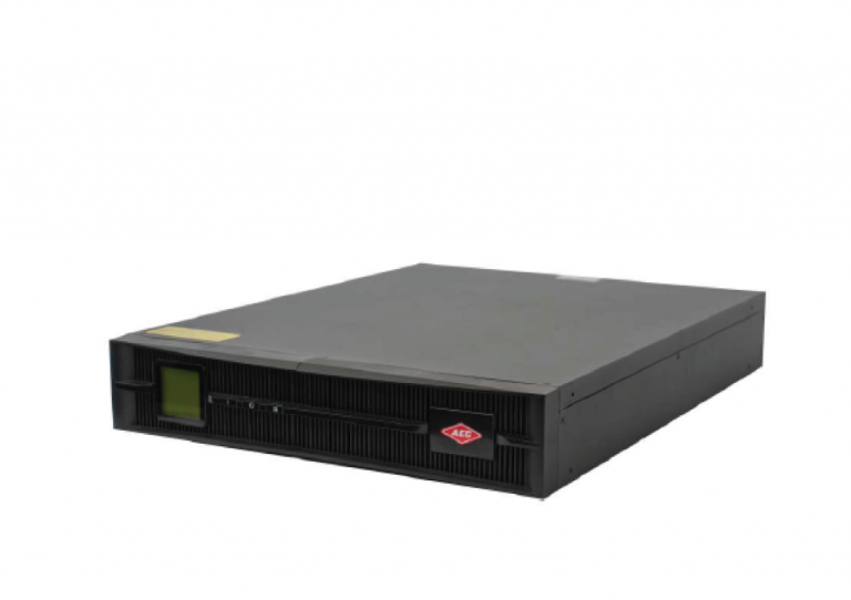 A black rack-mounted server with a digital display and a red logo on the front panel, placed against a plain white background.
