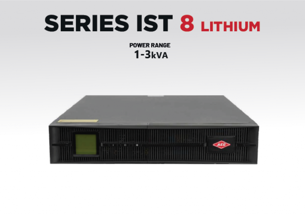 Front view of a black, rectangular Series IST 8 Lithium device with a power range of 1-3 kVA. The device features a small display panel and a logo on the right side. The background is a plain gradient from white to gray.