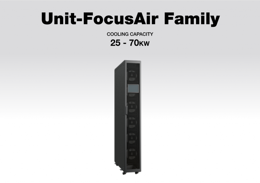 Image of a tall, black cooling unit from the Unit-FocusAir Family, with a cooling capacity range of 25 to 70 kW. The unit stands upright on wheels, featuring a sleek design with multiple vented sections.