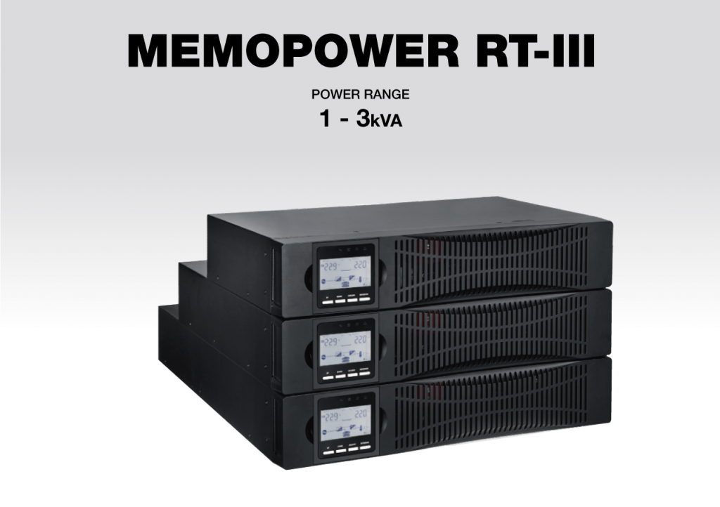 Stacked black uninterruptible power supplies with digital displays are shown against a gray background. Text above reads "MEMOPOWER RT-III" and "POWER RANGE 1 - 3kVA.